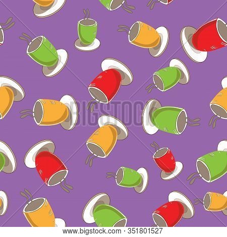 Colourful Cups-garden Tea Party, Seamless Repeat Pattern Design.pattern Background Of Colourful Coff