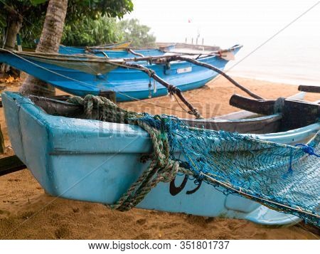 Closeup Image Of Nets, Ropes And Fishing Equipment On Old Traditional Wooden Boat At Sri Lanka