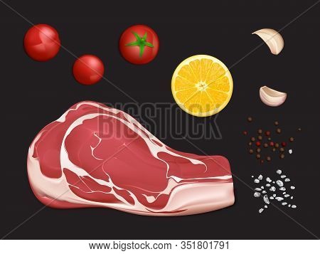 Raw Marbled Meat Fillet, Portion To Cook Steak Or Grill With And Vegetables 3d Realistic Isolated On