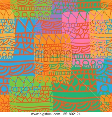 Graffiti Patchwork-geometric Patchwork Seamless Repeat Patter. Vivid And Fresh Illustrated Patchwork