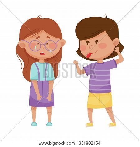 Little Girl Teasing And Laughing At Her Agemate Vector Illustration