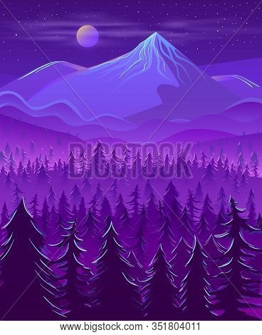 Cold And Wild Northern Land Night Landscape Cartoon In Violet Neon Colors With Full Moon Disk In Mis