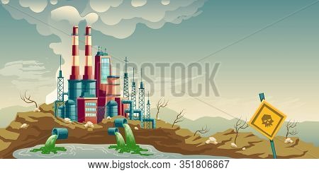 Air, Water And Soil Pollution By Industrial Production Cartoon Concept. Working Plant, Factory Emitt