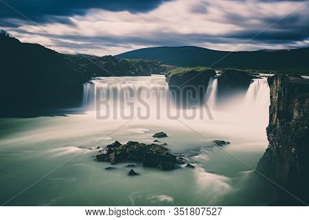 Godafoss Waterfall In Iceland, Summer Natural Travel Background