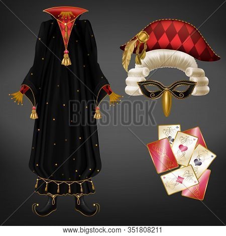 Joker Or Jester Costume Realistic With Black Mantle Decorated Precious Stones, Face Mask, Curled Wig