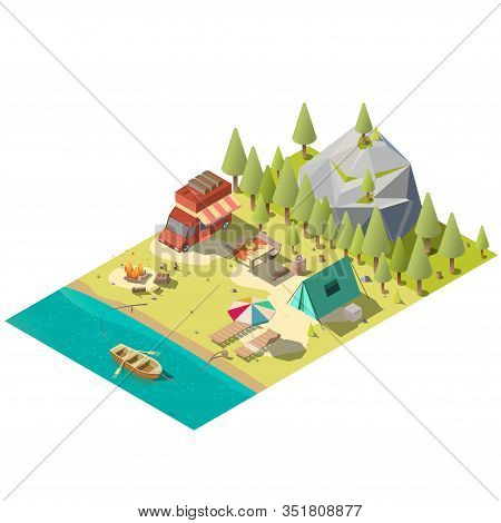 Campground On Forest River Or Lake Shore Isometric With Camping Van, Tourist Tent, Fireplace, Lounge
