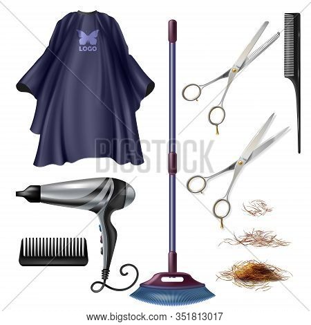 Barbershop Hairdresser Tools And Accessories 3d Realistic Set Isolated On White Background. Scissors