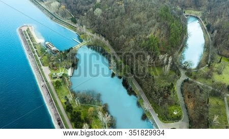 Embankment In The Mezhigorye National Park, Drone View.