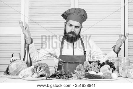 Bearded Man. Chef Recipe. Vegetarian Salad With Fresh Vegetables. Dieting Organic Food. Healthy Food