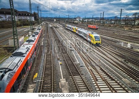 Giessen, Germany - April 05, 2018: View Of The Railway Station With A Lot Of Tracks And Trains.