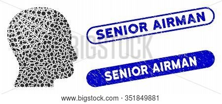 Collage Conservator Head And Distressed Stamp Seals With Senior Airman Caption. Mosaic Vector Conser