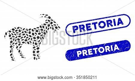 Mosaic Goat And Corroded Stamp Seals With Pretoria Text. Mosaic Vector Goat Is Formed With Random Ov