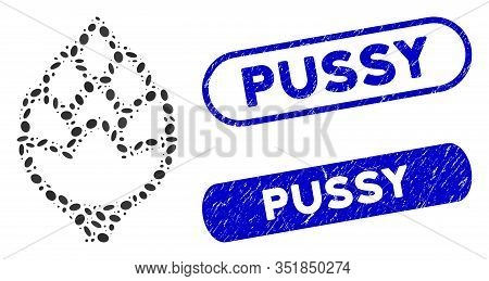 Mosaic Hop Bud And Corroded Stamp Seals With Pussy Text. Mosaic Vector Hop Bud Is Created With Rando