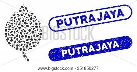Mosaic Hop Bud And Grunge Stamp Seals With Putrajaya Phrase. Mosaic Vector Hop Bud Is Designed With 