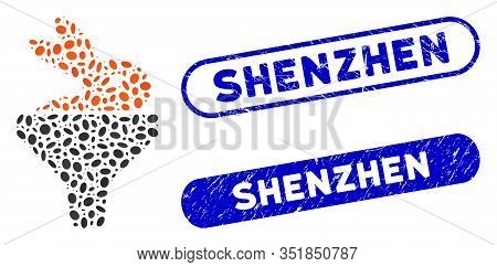 Mosaic Rabbit Puree Funnel And Distressed Stamp Seals With Shenzhen Text. Mosaic Vector Rabbit Puree