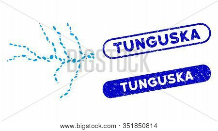 Mosaic River And Grunge Stamp Seals With Tunguska Caption. Mosaic Vector River Is Formed With Random