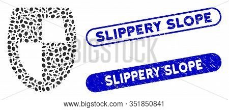 Mosaic Shield And Distressed Stamp Seals With Slippery Slope Caption. Mosaic Vector Shield Is Create