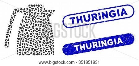 Mosaic Coffee Pot And Grunge Stamp Watermarks With Thuringia Caption. Mosaic Vector Coffee Pot Is De