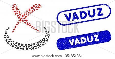 Mosaic False And Rubber Stamp Seals With Vaduz Caption. Mosaic Vector False Is Formed With Random El