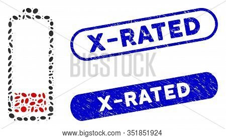 Mosaic Low Battery Level And Corroded Stamp Seals With X-rated Phrase. Mosaic Vector Low Battery Lev