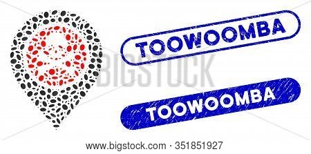 Mosaic Dangerous Zone Pointer And Corroded Stamp Seals With Toowoomba Text. Mosaic Vector Dangerous 
