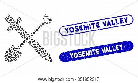 Mosaic Sword And Shovel And Grunge Stamp Seals With Yosemite Valley Caption. Mosaic Vector Sword And