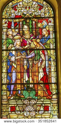 New Orleans, Louisiana, United States - October 6,2019 King Louis Queen Marriage Stained Glass Saint
