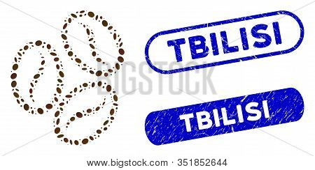 Mosaic Cacao Beans And Grunge Stamp Seals With Tbilisi Phrase. Mosaic Vector Cacao Beans Is Composed