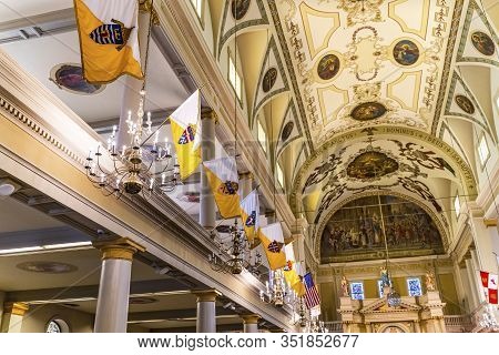 New Orleans, Louisiana, United States - October 6,2019 Louisiana Parish Flags Saint Louis Basilica C