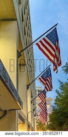 Washington Dc, United States - May 27, 2019 Entrance Flags J. Edgar Hoover Building Federal Bureau I