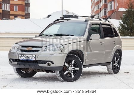 Novosibirsk, Russia - 02.18.2020: Front View Of A Chevrolet Niva, A Russian-american Car In The Snow