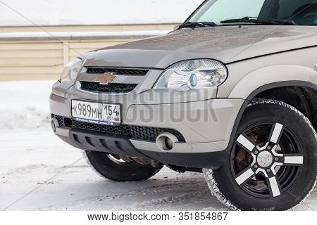 Novosibirsk, Russia - 02.18.2020: Front View Of A Chevrolet Niva, A Russian-american Car In The Snow