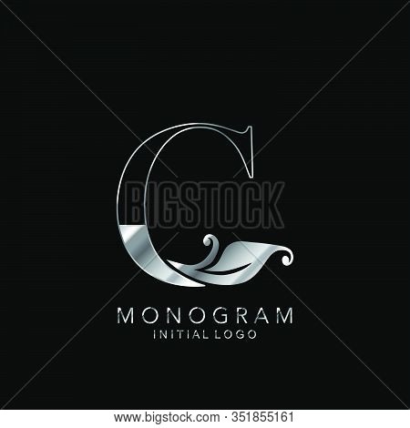 Monogram Initial Logo Letter C. Silver Vector Design Concept Floral Leaves For Business Identity.