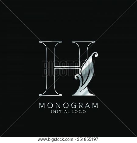 Monogram Initial Logo Letter H. Silver Vector Design Concept Floral Leaves For Business Identity.