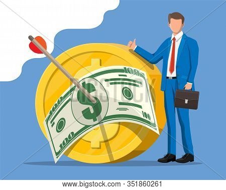 Businessman In Suit And Arrow With Dollar Banknote In Coin Target. Goal Setting. Smart Goal. Busines