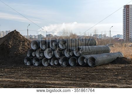 Polyethylene Pressure Pipes Are Used For Construction Of Pipelines. Process Of Laying Of Engineering