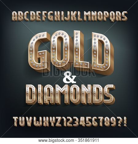 Gold And Diamonds Alphabet Font. 3d Golden Metal Letters And Numbers. Stock Vector Typeset For Your 