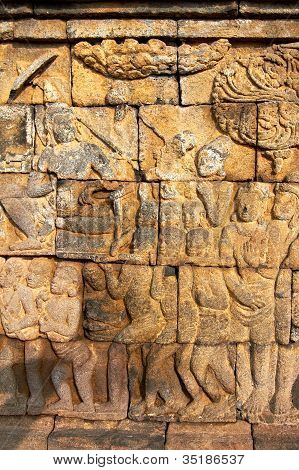 Bas-relief på væggen i Borobudur Temple