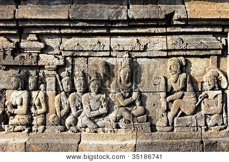 Bas-relief på væggen i Borobudur Temple