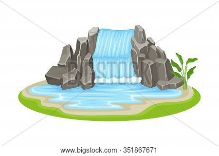 Low Tropical Waterfall With Rocky Stone Bounds Rested On Green Island Spot Vector Illustration
