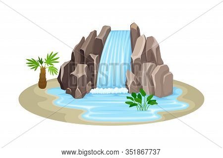 Low Tropical Waterfall With Rocky Stone Bounds Rested On Green Island Spot Vector Illustration