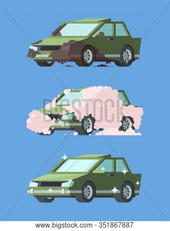 Dirty And Clean Car. Automatic Washing Steps Messy Car Water And Foam Soap Cleaning Processes. Vecto