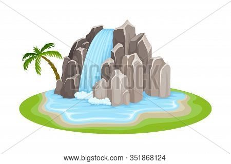 Low Tropical Waterfall With Rocky Stone Bounds Rested On Green Island Spot Vector Illustration
