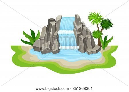 Tropical Waterfall With Cliffy Bounds And Exotic Plants Growing Around Vector Illustration