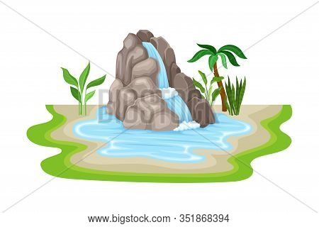 Tropical Waterfall With Cliffy Bounds And Exotic Plants Growing Around Vector Illustration