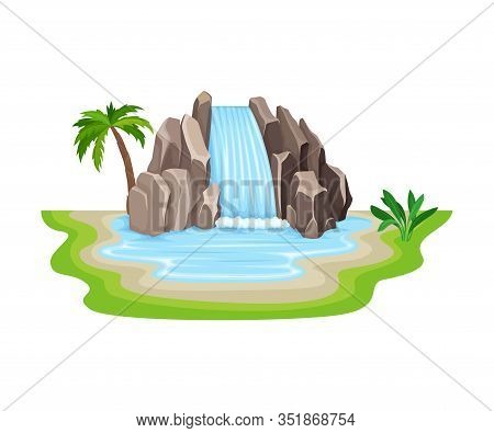 Tropical Waterfall With Cliffy Bounds And Exotic Plants Growing Around Vector Illustration