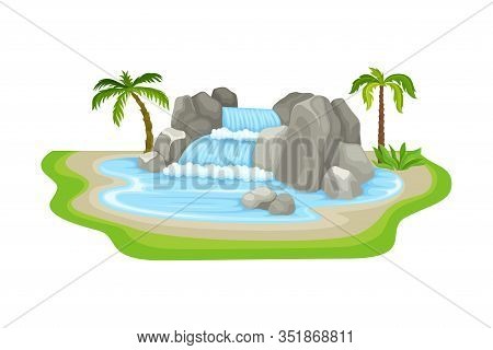 Tropical Waterfall With Cliffy Bounds And Exotic Plants Growing Around Vector Illustration