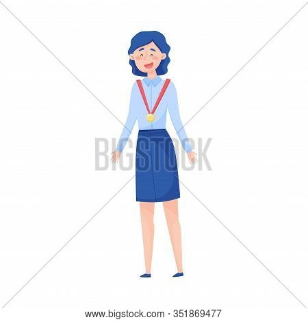 Young Woman Standing With Golden Medal Hanging From Her Neck Cheering About The Victory Vector Illus