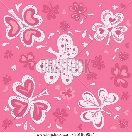 Abstract Doodle Background With Clover. Hand Drawn Vecotor Illustration In Pink Colors.