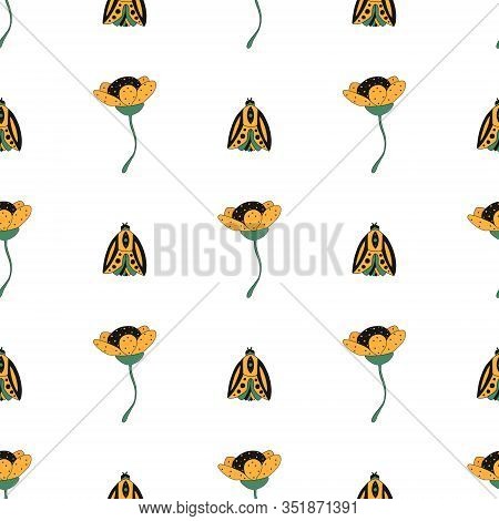 Cute Yellow Flowers And Bugs Pattern Seamless On White Background. Vector Illustration Hand Drawn. C